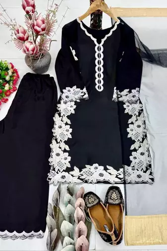 Black heavy natural silk palazzo set with pearl moti hand work
