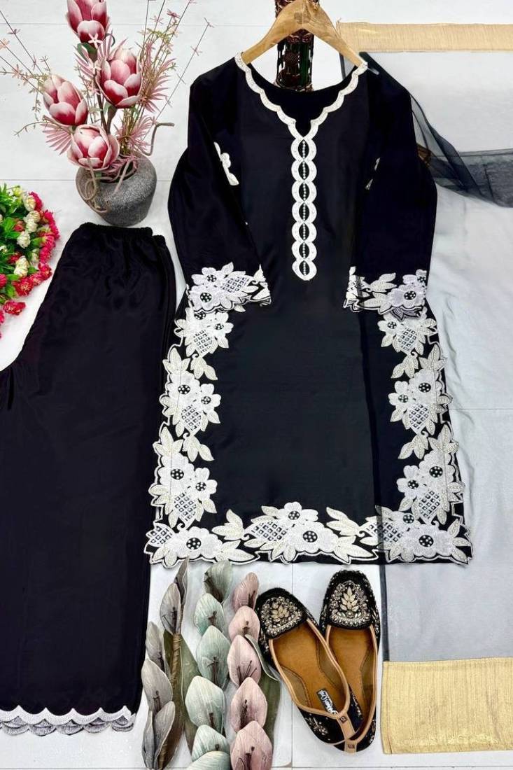 Black heavy natural silk palazzo set with pearl moti hand work
