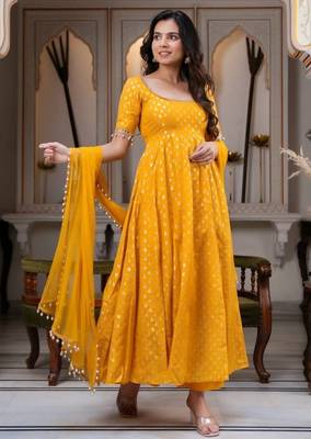 Yellow chanderi jacquard anarkali suit with mirror work 3