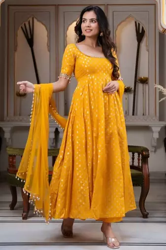 Yellow chanderi jacquard anarkali suit with mirror work