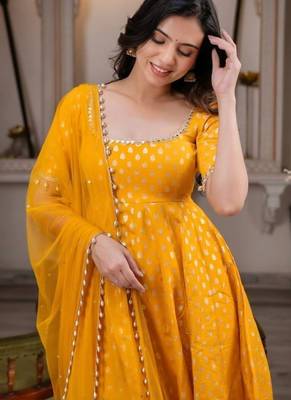 Yellow chanderi jacquard anarkali suit with mirror work 4