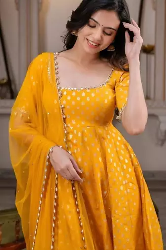 Yellow chanderi jacquard anarkali suit with mirror work