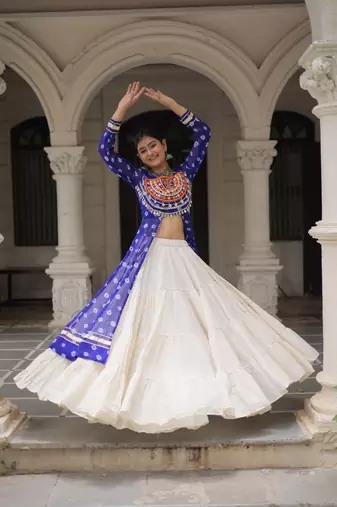 Blue Cotton Free Size Stitched Navratri Lehenga Choli with Bandhani & Kutchi Patch Work