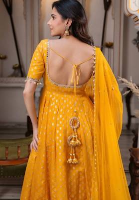 Yellow chanderi jacquard anarkali suit with mirror work 5