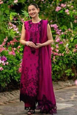 Dark pink roman silk suit set with thread & sequins work 1