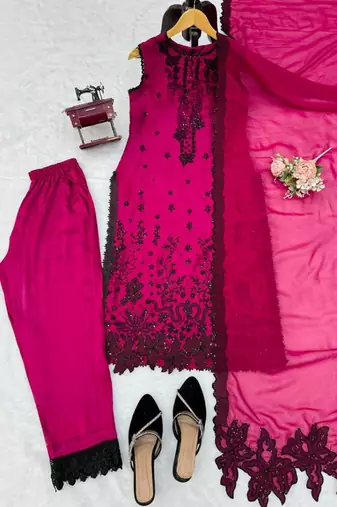 Dark pink roman silk suit set with thread & sequins work