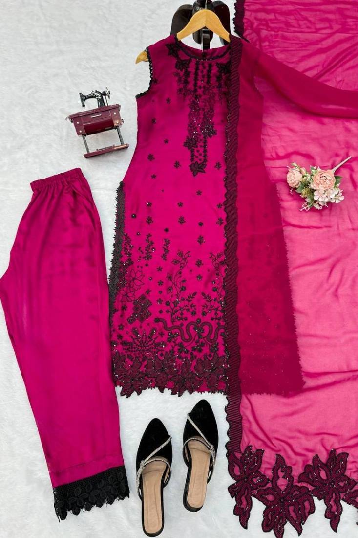 Dark pink roman silk suit set with thread & sequins work