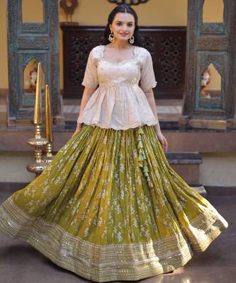 Green Viscose Free Size Stitched Lehenga Choli with Embroidery & Sequence Work 1
