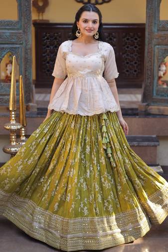 Green Viscose Readymade Stitched Lehenga Choli with Embroidery & Sequence Work