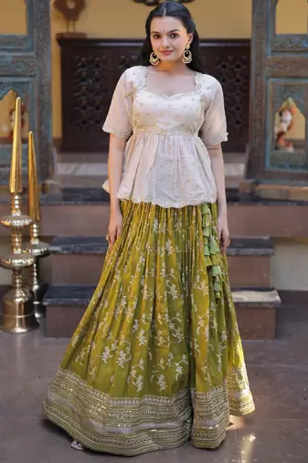 Green Viscose Free Size Stitched Lehenga Choli with Embroidery & Sequence Work