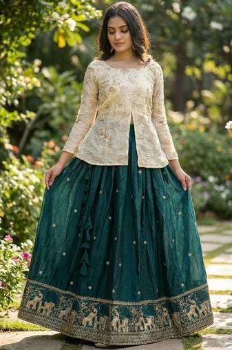 D Green Silk Free Size Stitched Lehenga Choli with Embroidery & Zari Work