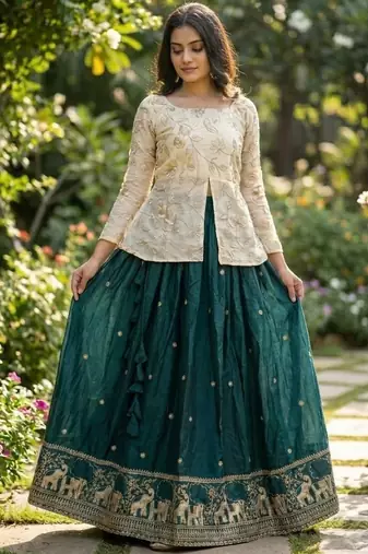 D Green Silk Free Size Stitched Lehenga Choli with Embroidery & Zari Work