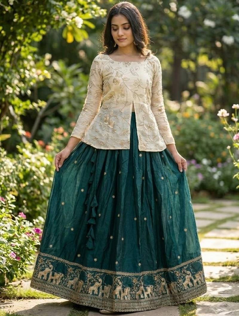 D Green Silk Free Size Stitched Lehenga Choli with Embroidery & Zari Work