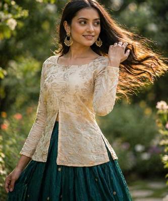 D Green Silk Free Size Stitched Lehenga Choli with Embroidery & Zari Work 2