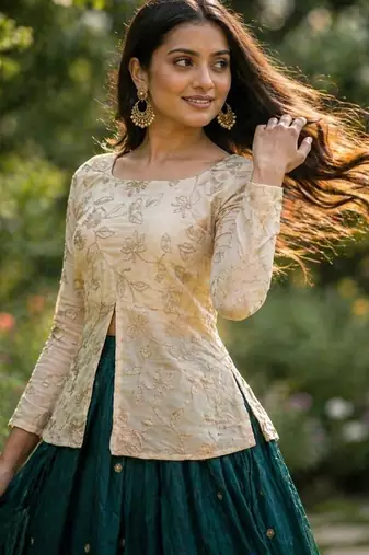 D Green Silk Free Size Stitched Lehenga Choli with Embroidery & Zari Work