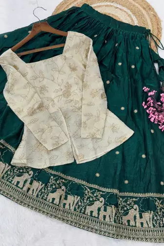 D Green Silk Free Size Stitched Lehenga Choli with Embroidery & Zari Work