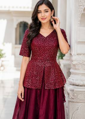 Maroon Satin Free Size Stitched Lehenga Choli with Embroidery & Sequin Work 1