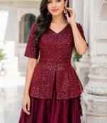 Maroon Satin Free Size Stitched Lehenga Choli with Embroidery & Sequin Work