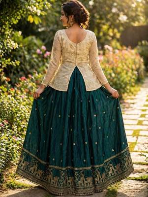 D Green Silk Free Size Stitched Lehenga Choli with Embroidery & Zari Work 4