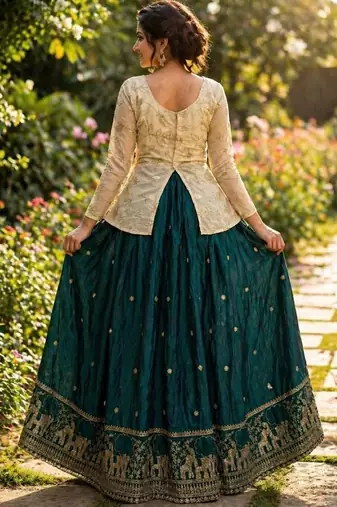 D Green Silk Free Size Stitched Lehenga Choli with Embroidery & Zari Work