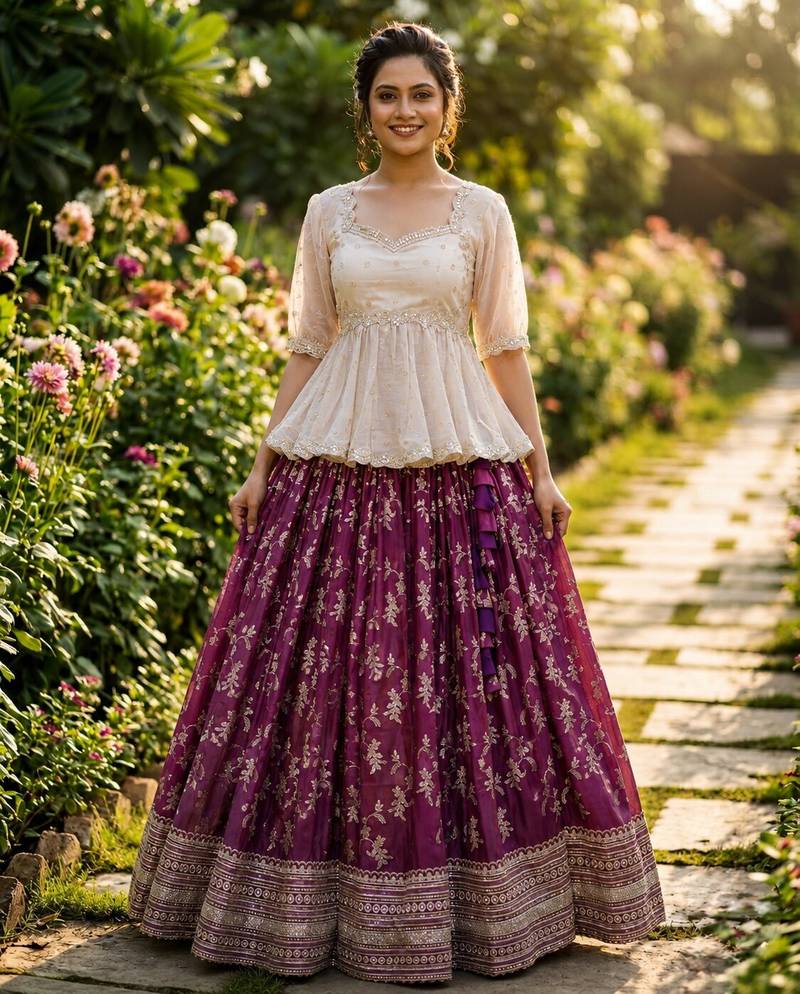 Dark-Green Silk Readymade Stitched Lehenga Choli with Embroidery & Zari Work