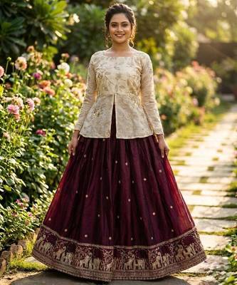 Maroon silk blend Free Size Stitched Lehenga Choli with Embroidery & Zari Work 1