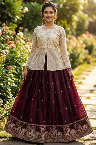 Maroon silk blend Free Size Stitched Lehenga Choli with Embroidery & Zari Work