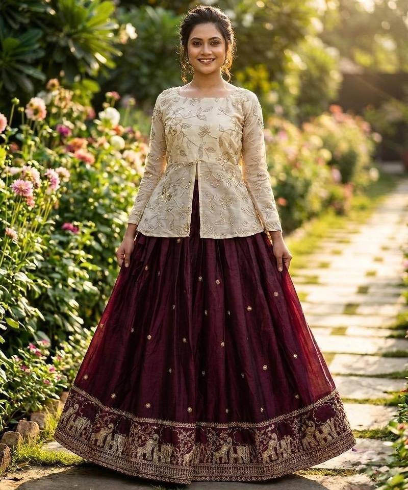 Maroon silk blend Free Size Stitched Lehenga Choli with Embroidery & Zari Work