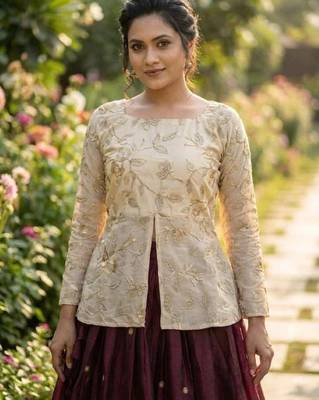 Maroon silk blend Free Size Stitched Lehenga Choli with Embroidery & Zari Work 2