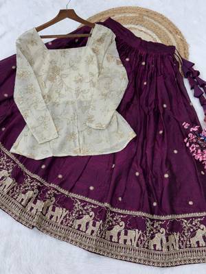 Maroon silk blend Free Size Stitched Lehenga Choli with Embroidery & Zari Work 3