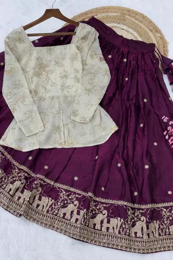 Maroon silk blend Free Size Stitched Lehenga Choli with Embroidery & Zari Work