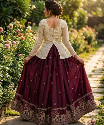 Maroon silk blend Free Size Stitched Lehenga Choli with Embroidery & Zari Work 4