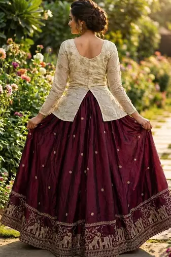 Maroon silk blend Free Size Stitched Lehenga Choli with Embroidery & Zari Work