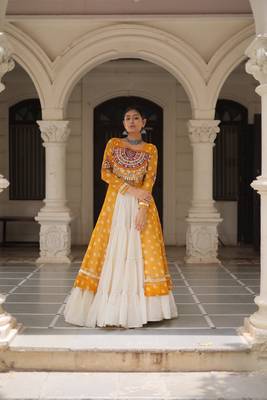 Yellow Cotton Free Size Stitched Navratri Lehenga Choli with Bandhani & Kutchi Patch Work 1