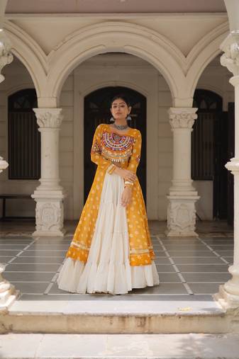 Yellow Cotton Stitched Navratri Lehenga Choli with Bandhani & Kutchi Patch Work