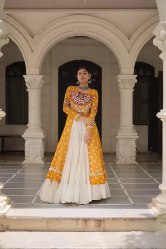 Yellow Cotton Free Size Stitched Navratri Lehenga Choli with Bandhani & Kutchi Patch Work