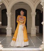 Yellow Cotton Free Size Stitched Navratri Lehenga Choli with Bandhani & Kutchi Patch Work