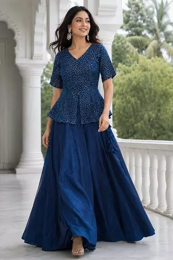Navy-Blue Satin Free Size Stitched Lehenga Choli with Embroidery & Sequin Work