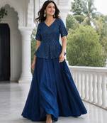 Navy-Blue Satin Free Size Stitched Lehenga Choli with Embroidery & Sequin Work