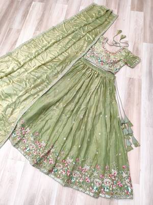 Mehendi silk blend Lehenga Choli with Multi Thread Embroidery Work 3