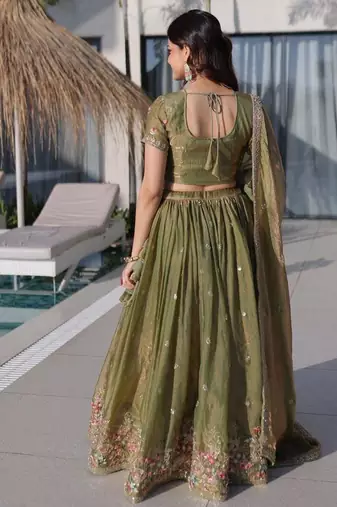 Mehendi silk blend Lehenga Choli with Multi Thread Embroidery Work