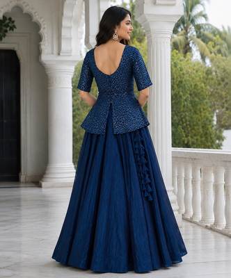 Navy-Blue Satin Free Size Stitched Lehenga Choli with Embroidery & Sequin Work 4