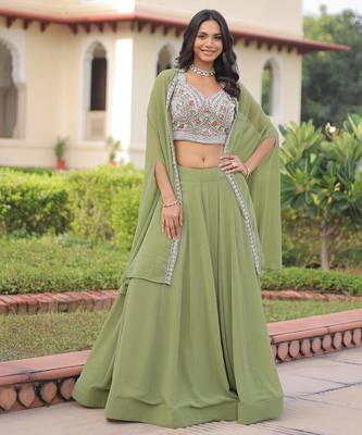 Mehendi Georgette Free Size Stitched Lehenga Choli with Embroidery & Beads Work 1