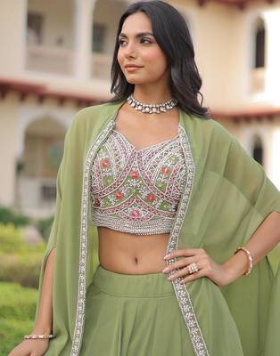 Mehendi Georgette Free Size Stitched Lehenga Choli with Embroidery & Beads Work 2