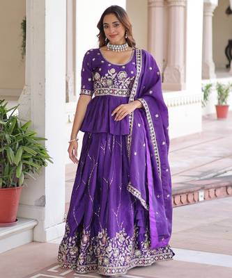 Purple silk blend Free Size Stitched Lehenga Choli with Embroidery & Zari Work 1