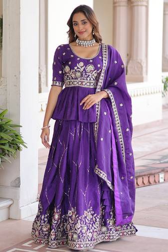 Purple silk blend Stitched Lehenga Choli with Embroidery & Zari Work