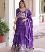 Purple silk blend Free Size Stitched Lehenga Choli with Embroidery & Zari Work