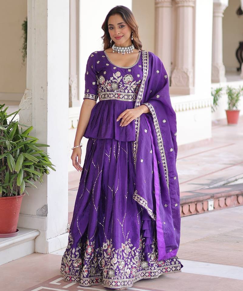 Purple silk blend Free Size Stitched Lehenga Choli with Embroidery & Zari Work