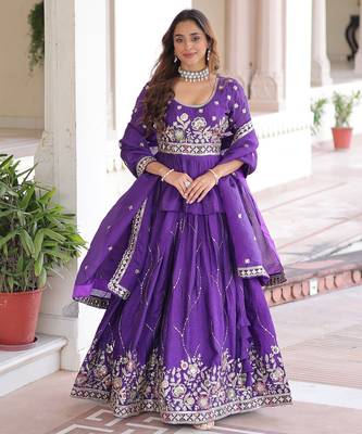 Purple silk blend Free Size Stitched Lehenga Choli with Embroidery & Zari Work 2