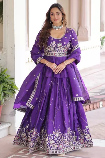 Purple silk blend Free Size Stitched Lehenga Choli with Embroidery & Zari Work
